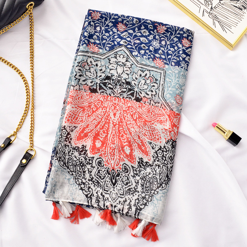 Primavera y verano bufanda delgada Comercio exterior tótem exótico retro étnico algodón y lino sensación bufanda vacaciones protector solar chal bufanda