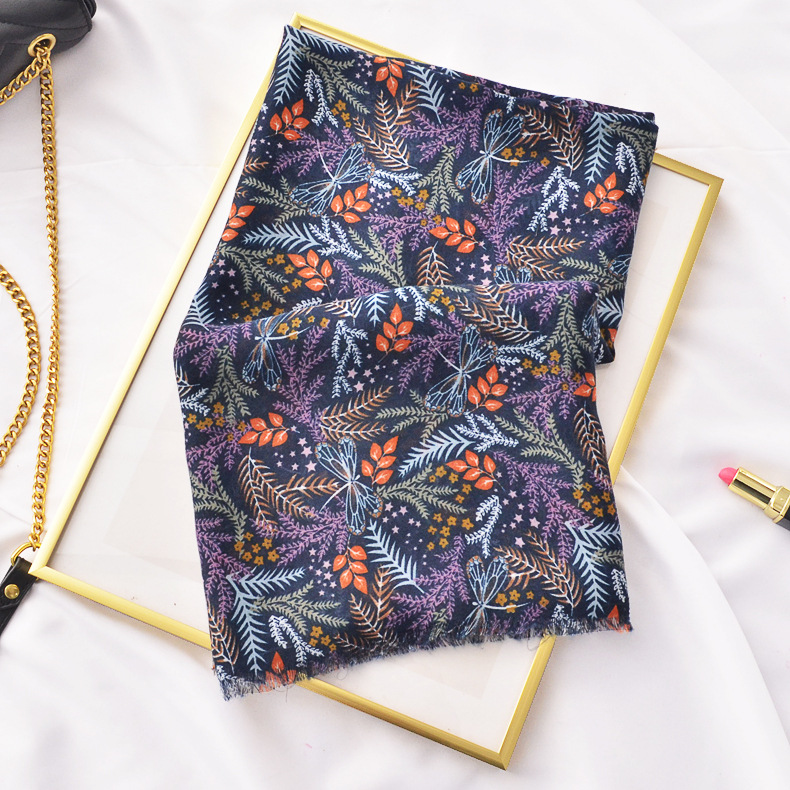 Exportación de comercio exterior fina Flor de planta de impresión bufanda de primavera y verano de algodón y lino se siente la luz bufanda de lujo protector solar chal