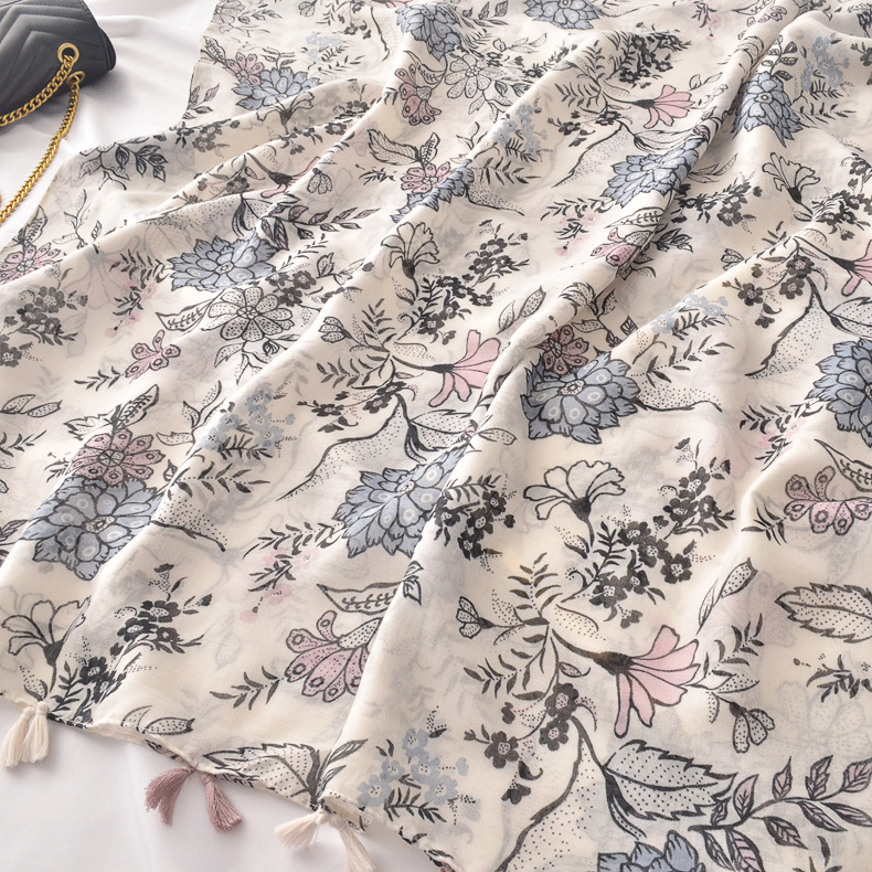 Nuevo estilo Planta Fresca flor borla artística algodón y lino bufanda de seda primavera y verano Delgado viaje protector solar chal Toalla de playa