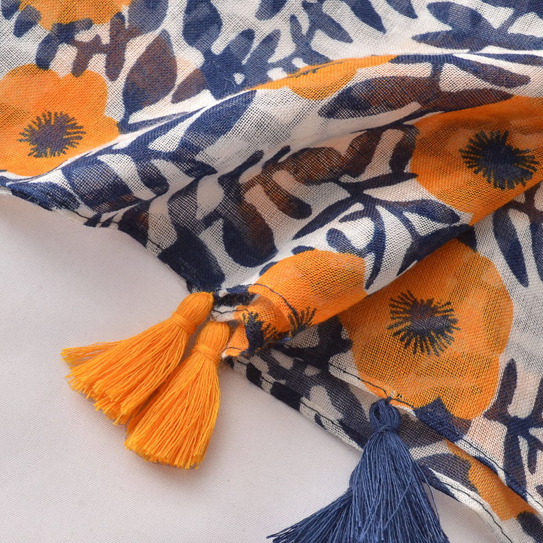Primavera y verano artístico fresco púrpura azul naranja impreso algodón y lino bufanda Yunnan Lijiang viaje protector solar chal bufanda para las mujeres