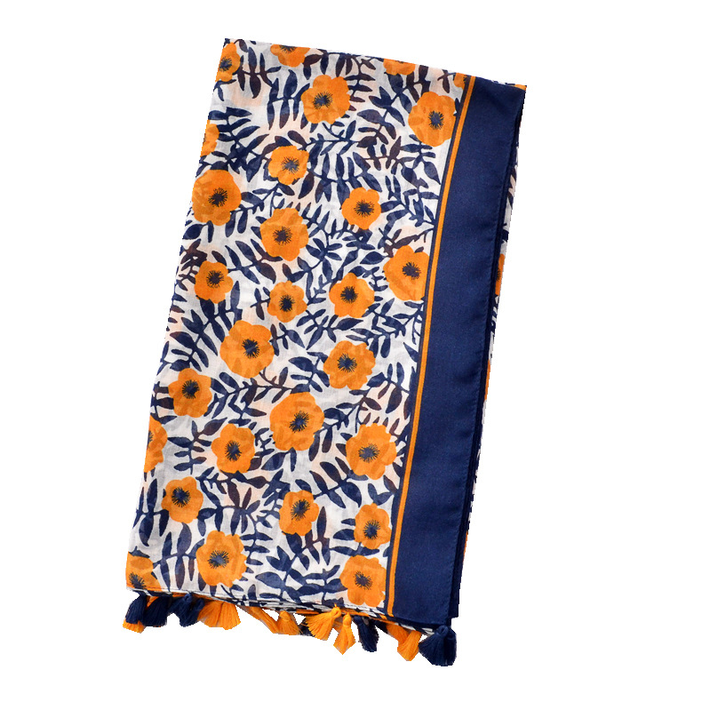 Primavera y verano artístico fresco púrpura azul naranja impreso algodón y lino bufanda Yunnan Lijiang viaje protector solar chal bufanda para las mujeres