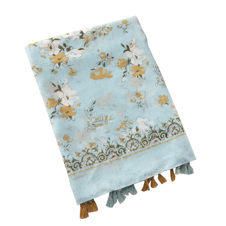 Primavera y verano borla fina bufanda decorativa protector solar chal nuevo artístico fresco azul claro impreso bufanda playa toalla