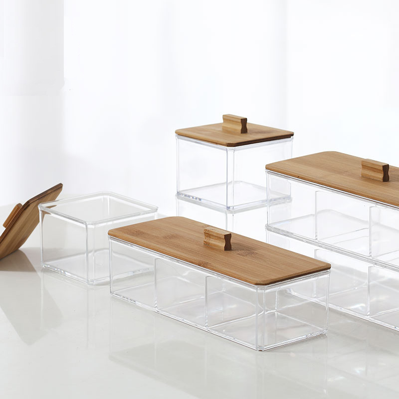 Caja de almacenamiento de hisopo de algodón acrílico Caja de almacenamiento de cristal de algodón cosmético de estilo europeo cubierta de madera transparente caja de organización de hisopo de algodón de escritorio