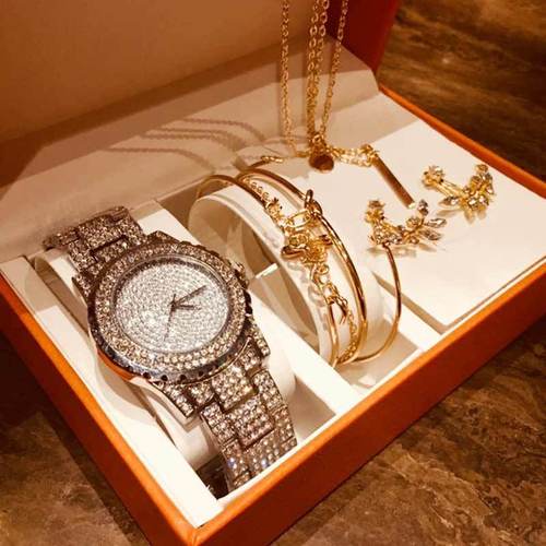 8pcs/set fashionable and creative diamond-encrusted round watch + leaf bracelet set + earrings + necklace watch