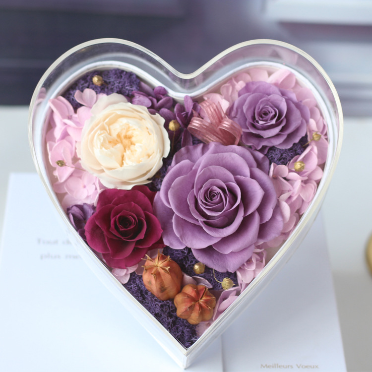 Flor eterna acrílica en forma de corazón, un regalo para tu novia en el Día de San Valentín chino, rosa eterna.