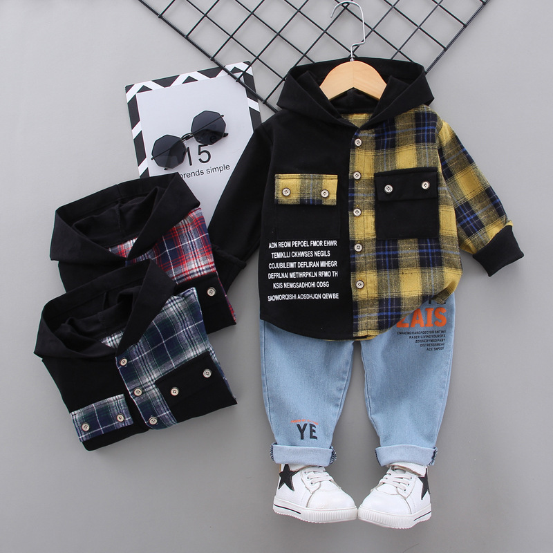 Korean version of boys stitching plaid hooded long sleeve children spring new fashion shirt casual suit a generation of hair Korean version of boys stitching plaid hooded long sleeve children spring new fashion shirt casual suit a generation of hair
