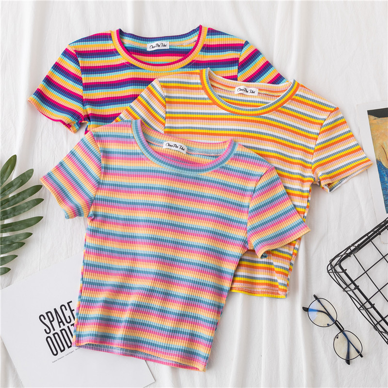 Navel-exposed T-shirt Women's Short-sleeved Rainbow Striped Tight Navel-leaking Shirt New Style Hyun-elegant Style High Waist Top Navel-exposed T-shirt Women's Short-sleeved Rainbow Striped Tight Navel-leaking Shirt New Style Hyun-elegant Style High Waist Top