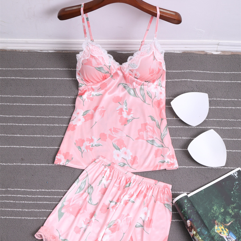 Summer New Style Pajamas with Breast Pads, Suspender Pajamas, Women's Sexy Ice Silk Korean Style Home Clothes Two-Piece Suit Wholesale