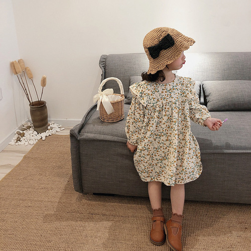 Children's clothing spring and autumn new arrival girls baby long-sleeved Korean style cotton and linen floral doll dress children's temperament princess dress