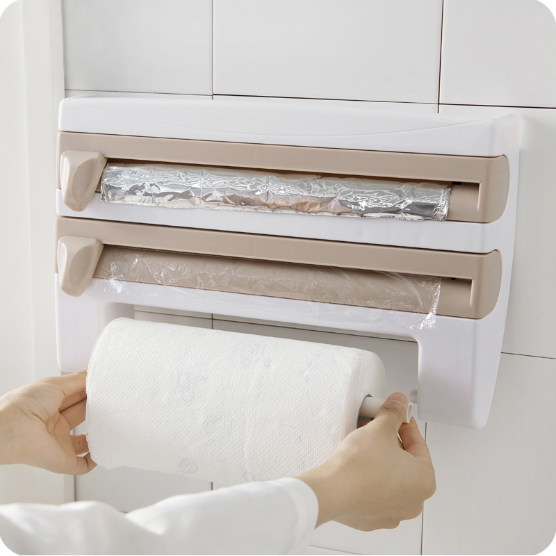 Multi-funcional de plástico cortador de papel montado en la pared de cocina titular de papel de estaño cuchillo deslizante caja dividida rack de almacenamiento