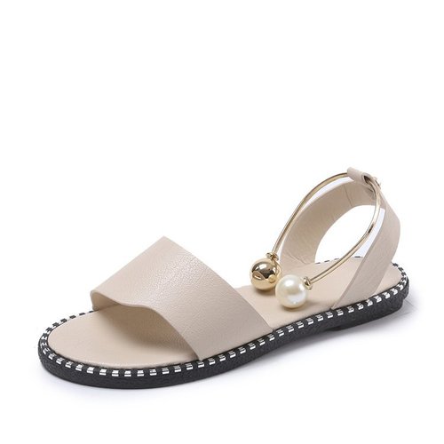 Four-Season Slip-On Women's Summer Open-Toe Simple Flat Roman Sandals with Pearl Buckle Student Women's Shoes