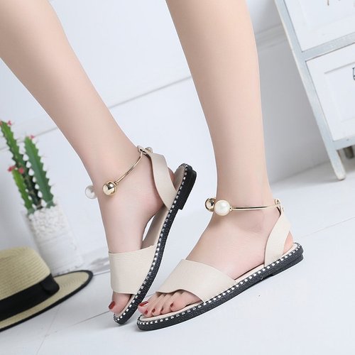 Four-Season Slip-On Women's Summer Open-Toe Simple Flat Roman Sandals with Pearl Buckle Student Women's Shoes