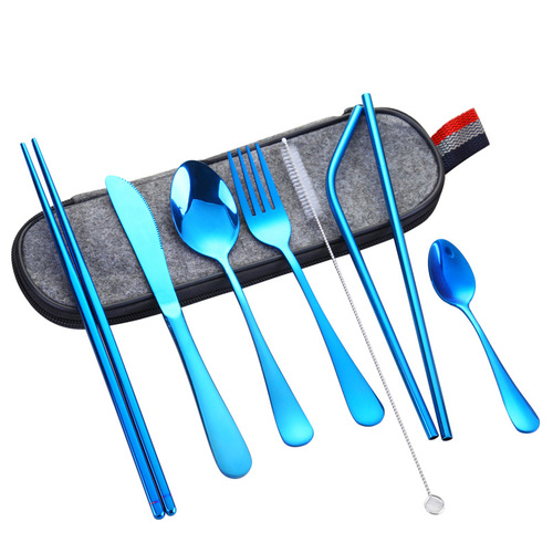High-end 1010 Set Outdoor Western Knife, Fork, Spoon, Chopsticks, Straw Combining Portable Cutlery Bag, Factory Wholesale