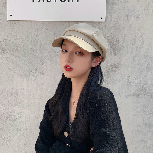 Korean version pu leather hat for women autumn and winter British octagonal hat trendy Japanese style Korean version Internet celebrity duck tongue painter beret hat for women