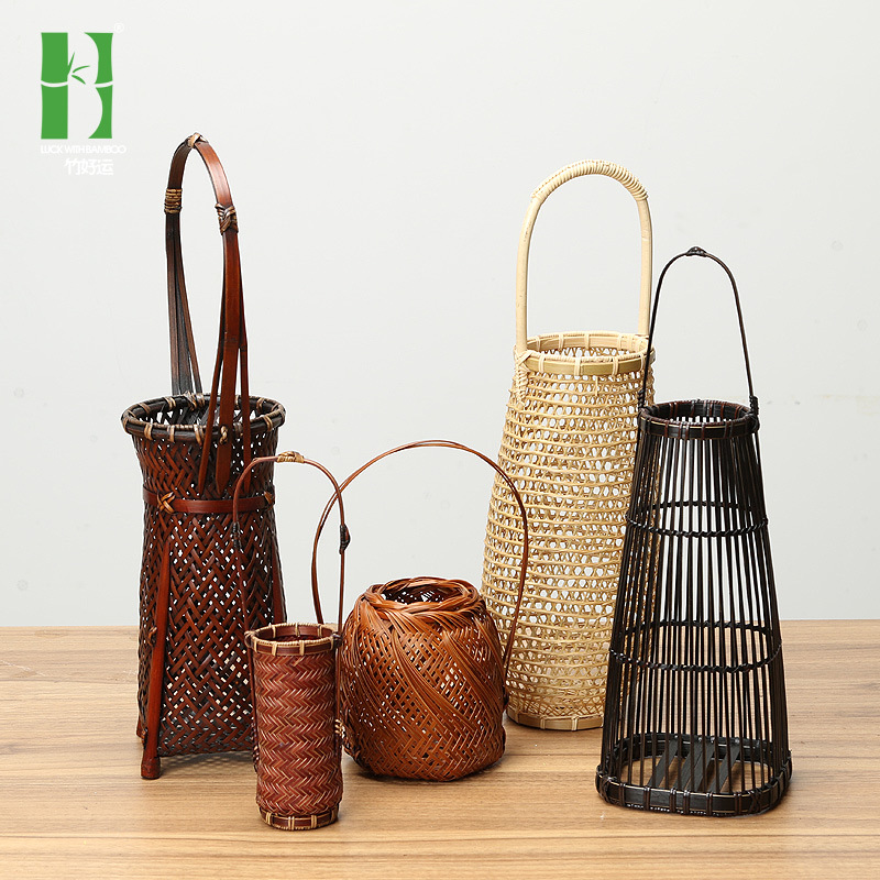 Cesta de flores de mano de bambú cesta de flores secas cesta de almacenamiento tejida artesanal ratán sala de estar decoración flor fábrica al por mayor