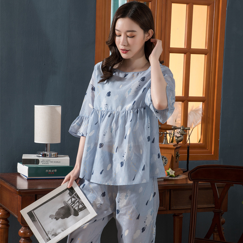 2024 New style pajamas spring and summer real carded cotton thin fluffy short sleeve two-piece set women's home wear one-piece delivery