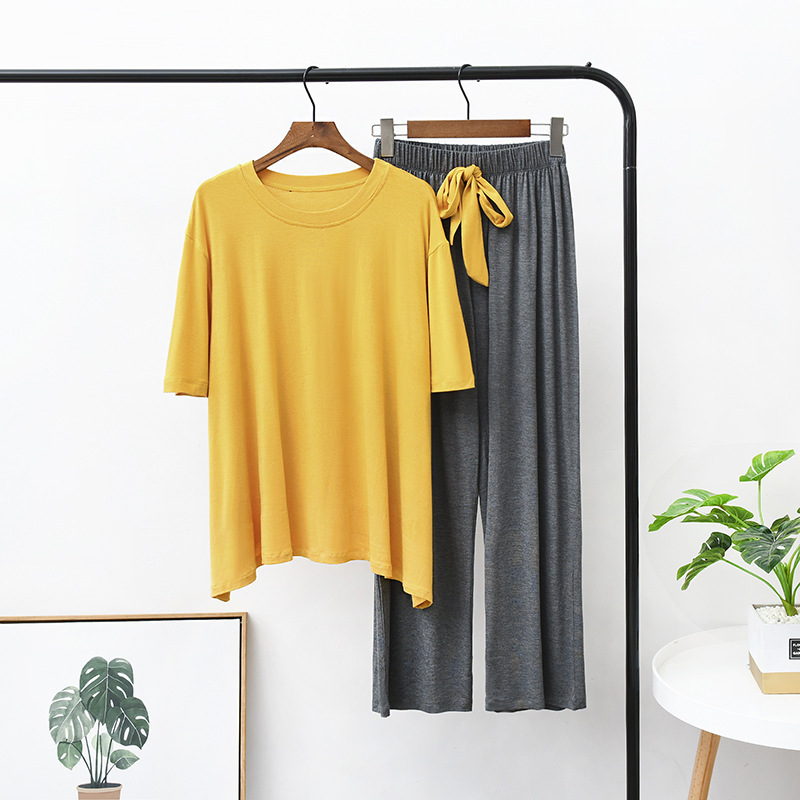 Modal Spring and Summer Thin Pajamas for Women, Pullover Short-Sleeved Long Pants, Wide-Leg Pants, Home Wear Set, Breathable, Simple and Casual