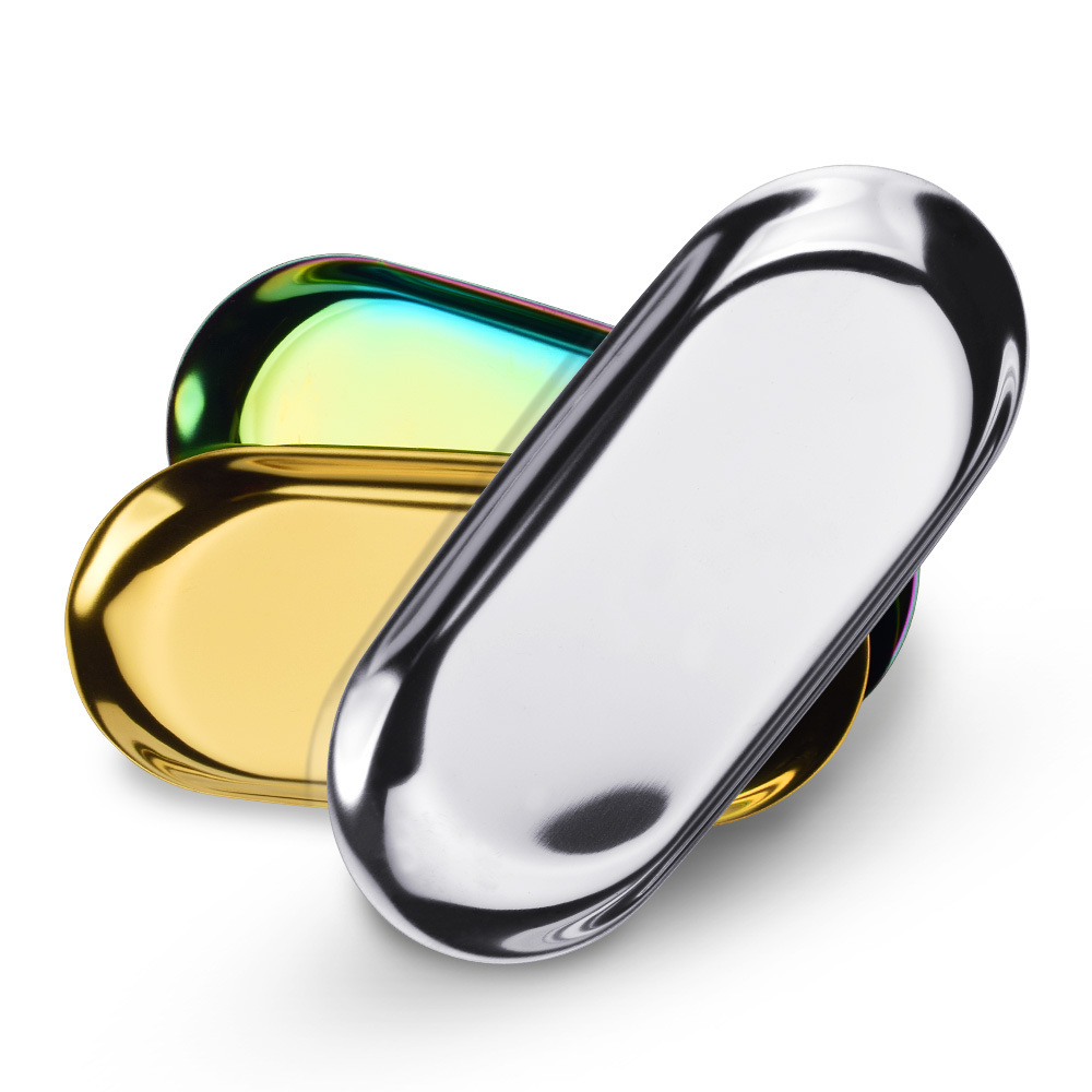 Nordic style metal stainless steel storage tray, gold and silver embroidery tray, oval small dish jewelry tray
