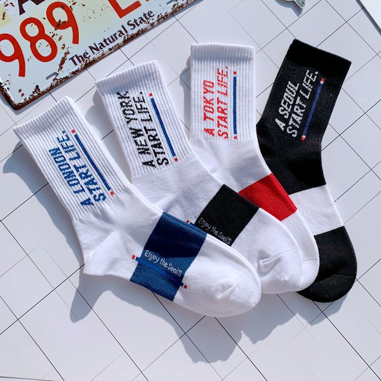 Harajuku Letter Fashion European and American Sports Socks Street Men and Women Black and White Blue Tide Skateboard Long Socks Wholesale