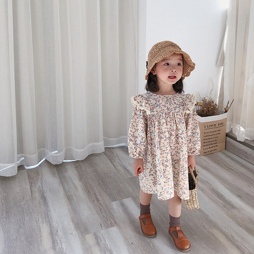Children's clothing spring and autumn new arrival girls baby long-sleeved Korean style cotton and linen floral doll dress children's temperament princess dress