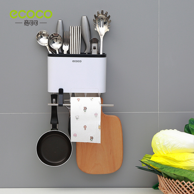 Soporte para palillos de cocina, cuchillo de drenaje montado en la pared sin taladro y estante organizador para espátula, estante multifuncional para almacenamiento de cubiertos y cucharas.