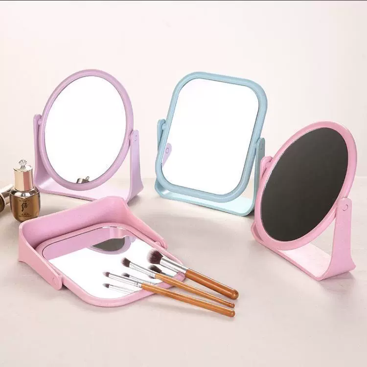 Desktop Makeup Mirror, European-style Wheat Straw Frame, Double-sided Rotatable, Round & Square