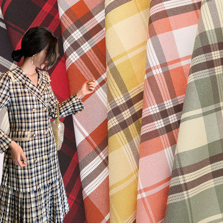 TR色织格子面料 涤纶弹力格子布 女装连衣裙西装布料现货