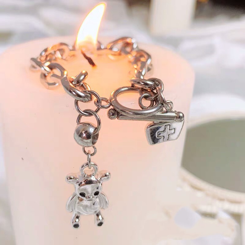 Ins Korean Style Dark Style Nurse Hat Bear Thick Bracelet Unisex Hip-Hop Punk Fashion Student Couple Hand Accessory