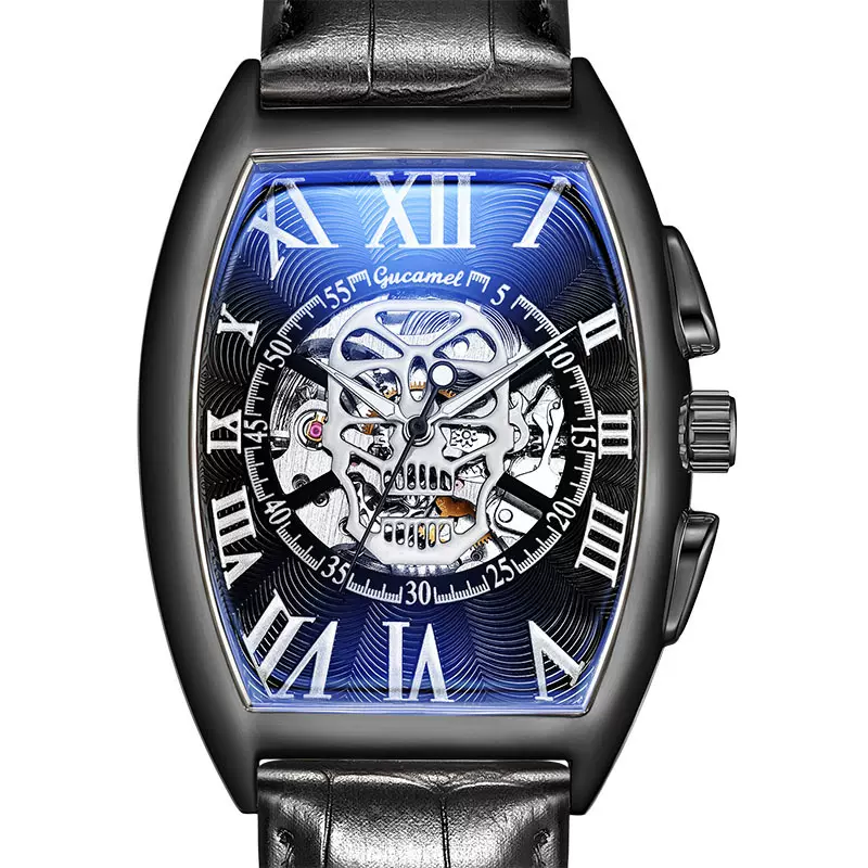 古驼新款 酒桶型欧美男士时尚骷髅头镂空全自动机械手表 男表外贸