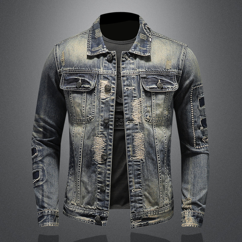 Áo Khoác Jean Nam Rách Vá Bụi Bặm Phong Cách Âu Mỹ Màu Xanh Jean