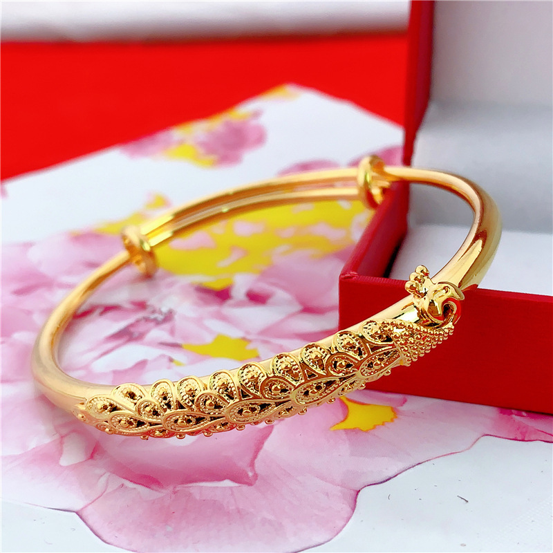 Guofeng sand gold smooth dragon and phoenix bracelet for mother filigree Peacock push-pull bracelet female Bride wedding jewelry wholesale