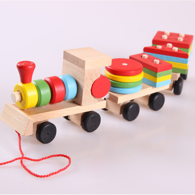 Tren de madera JF16/0,33 de tres secciones forma remolque juguete niños educativos de educación temprana bloques de construcción