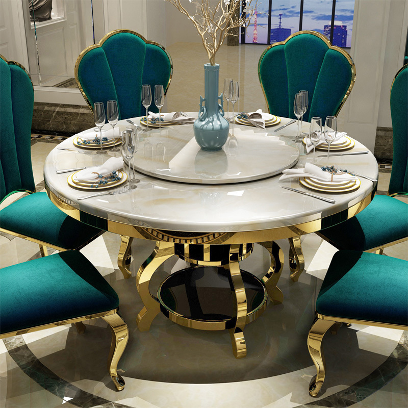 轻奢后现代大理石餐桌椅套装家用餐桌简约带转盘不锈钢酒店大圆桌