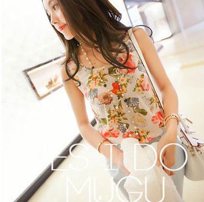 Lower Shelves--European Station Plus Size Export Women's Sleeveless Vest Printed Chiffon Shirt Suspbottomer Loose Bottoming Shirt