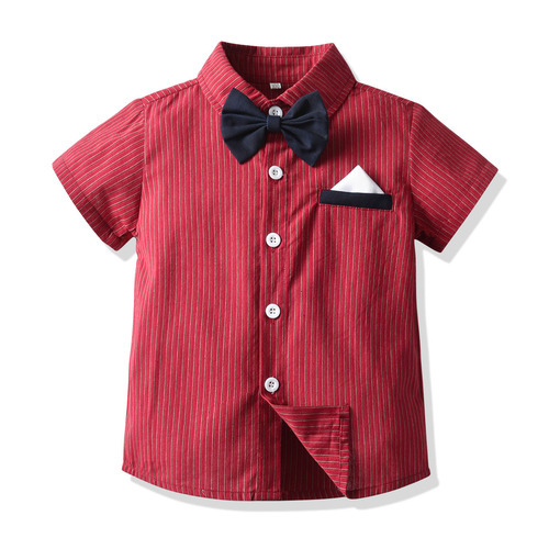 Children's Summer Suit Set, Gentleman's Formal Dress with Bow Tie, Red Striped Shirt, Overalls, Birthday Outfit for Boys