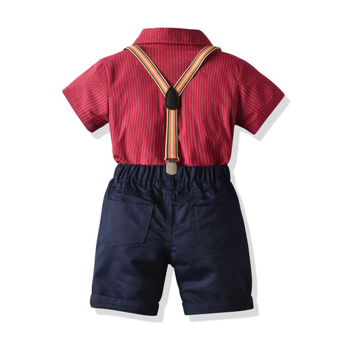 Children's Summer Suit Set, Gentleman's Formal Dress with Bow Tie, Red Striped Shirt, Overalls, Birthday Outfit for Boys