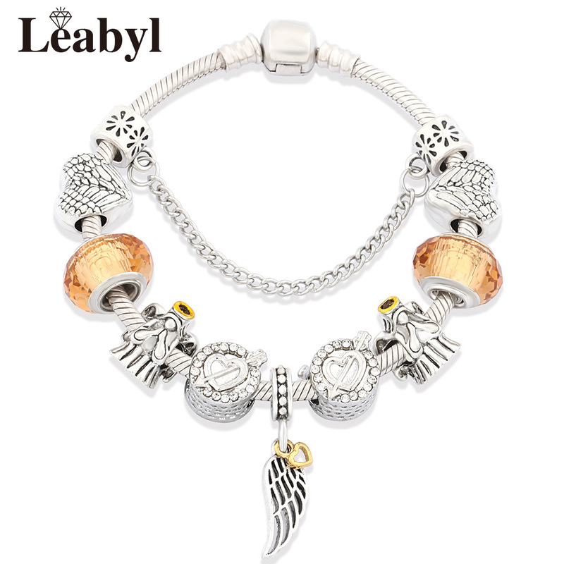 Amazon New Guardian Angel Heart Wings Pendant Panjia Bracelet Gold Crystal Beaded Bracelet Jewelry