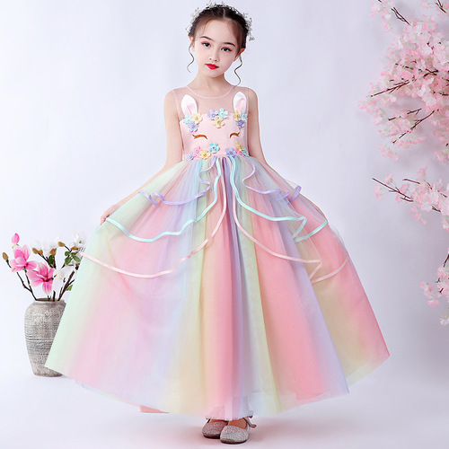 Princess dress for girls, unicorn theme, junior and senior size flower festival performance dress, ballgown style with net underskirt