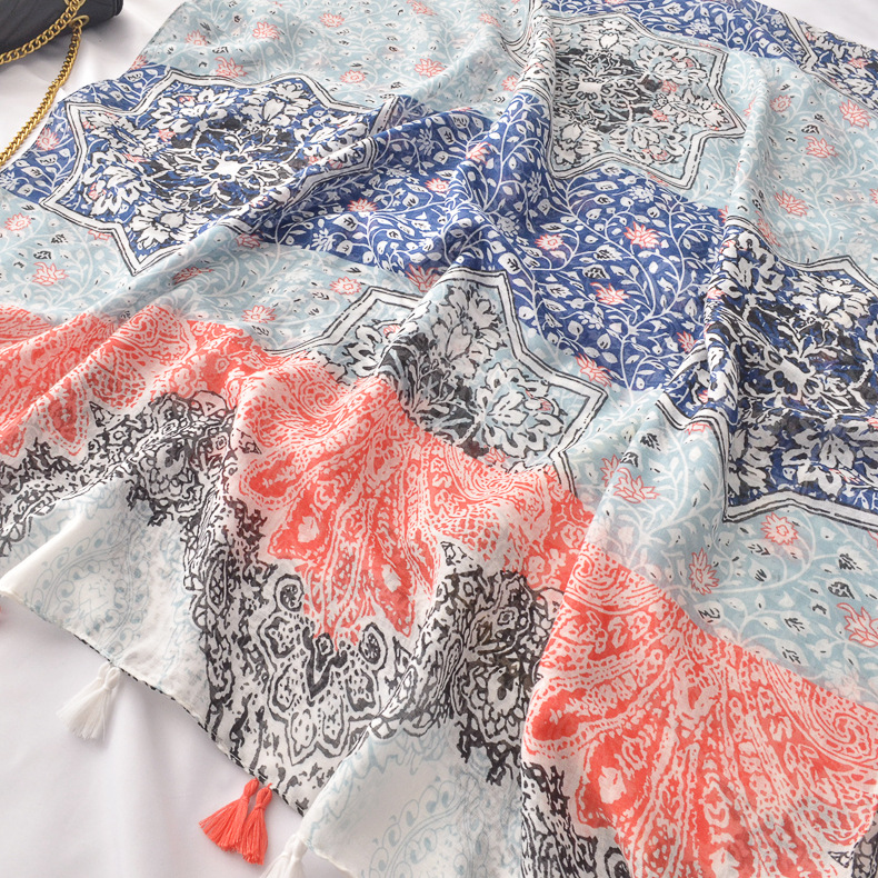 Primavera y verano bufanda delgada Comercio exterior tótem exótico retro étnico algodón y lino sensación bufanda vacaciones protector solar chal bufanda