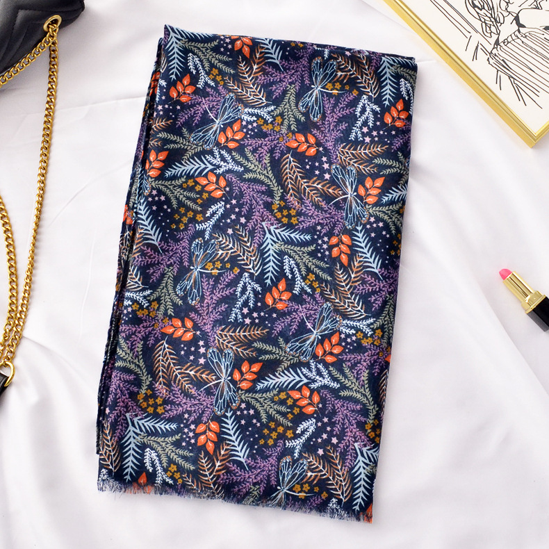 Exportación de comercio exterior fina Flor de planta de impresión bufanda de primavera y verano de algodón y lino se siente la luz bufanda de lujo protector solar chal