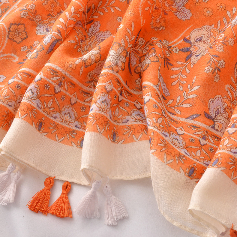 Yadu bufanda fresca flor de naranja algodón y lino siente bufanda de primavera y verano protector solar decorativo chal toalla de playa