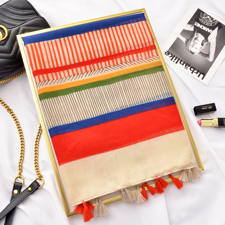 Color de contraste de primavera y verano bufanda suave a rayas de colores bufanda multiusos de algodón y lino bufanda de chal de moda japonesa y coreana