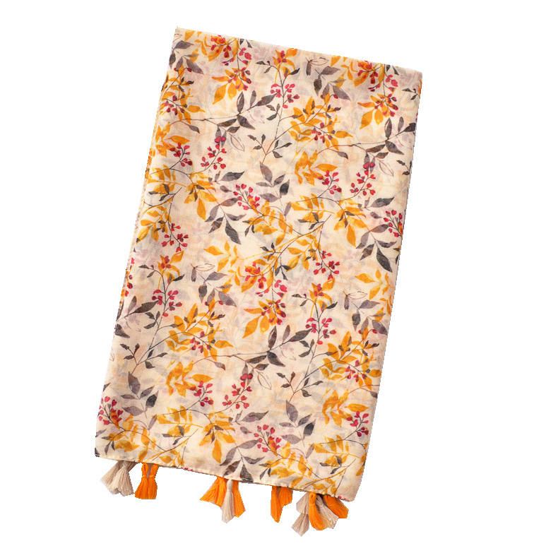 Nueva naranja planta impresa algodón y lino sensación bufanda de seda Primavera y verano viajes protector solar chal largo borla bufanda