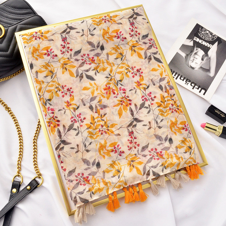 Nueva naranja planta impresa algodón y lino sensación bufanda de seda Primavera y verano viajes protector solar chal largo borla bufanda