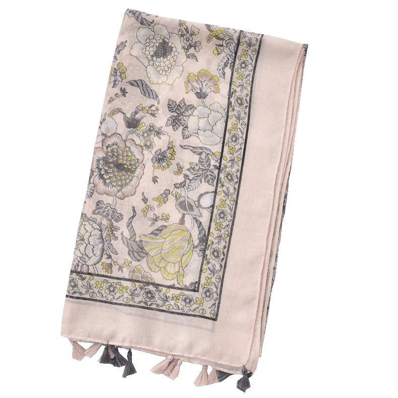 2020 nueva primavera y verano bufanda fina de algodón y lino Rosa flor borla bufanda decorativa bufanda de viaje protector solar bufanda