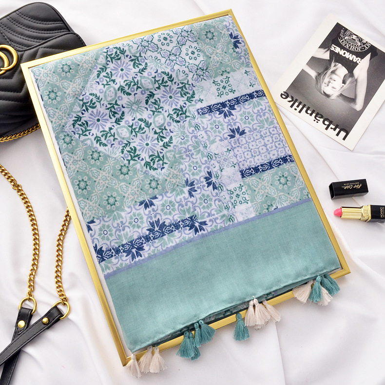 Estilo de Nepal artístico bufanda larga primavera y verano nuevo algodón y lino bufanda azul claro impreso protector solar bufanda para las mujeres