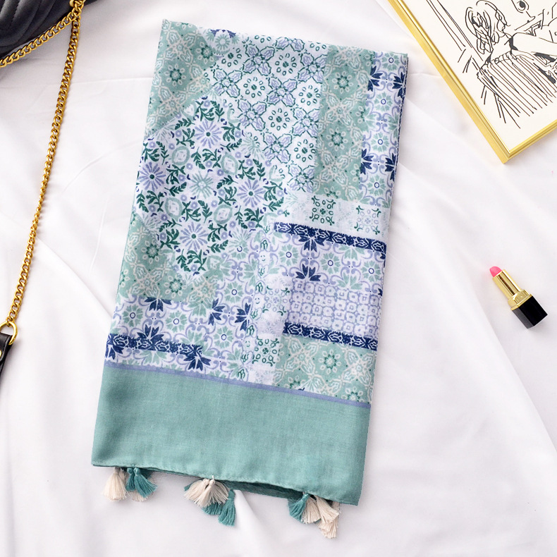 Estilo de Nepal artístico bufanda larga primavera y verano nuevo algodón y lino bufanda azul claro impreso protector solar bufanda para las mujeres