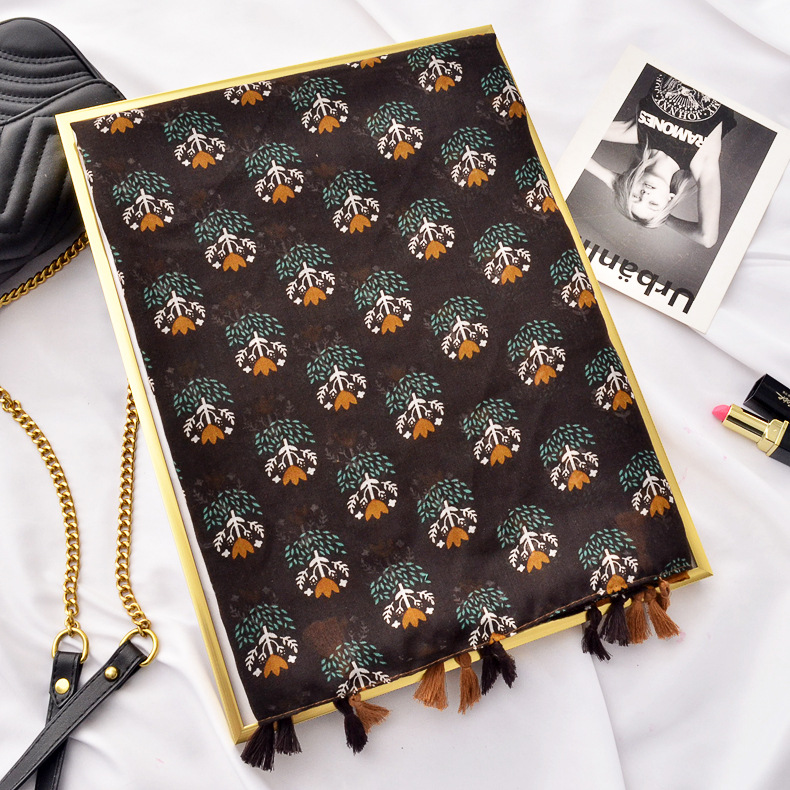 Nuevo estilo étnico retro planta inferior marrón impreso bufanda de seda Comercio exterior caliente primavera y verano fino algodón y lino sentir bufanda