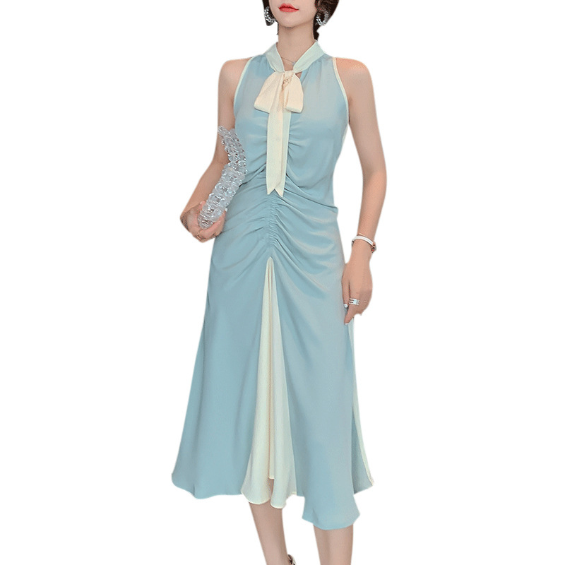 Đầm maxi nữ thắt eo cổ buộc dây xếp ly thanh lịch — Màu xanh lam