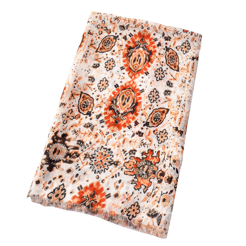 Nueva primavera y verano viajes largo protector solar chal bufanda de seda exótica retro estilo étnico naranja Rosa Totem algodón y lino bufanda para mujeres